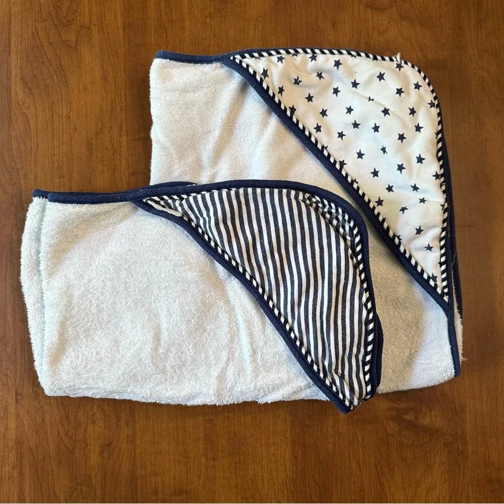 Just Born Pom Pom two pack Hooded Baby Towel set w/ Blue Star and Stripe Design